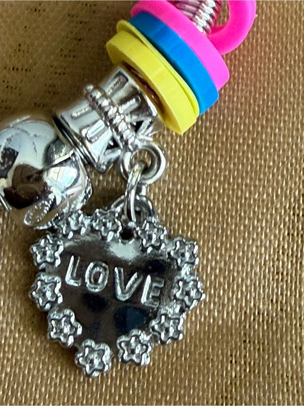 Silver-tone Charm Bangle Bracelet with Neon Beads and 'Love' Charms